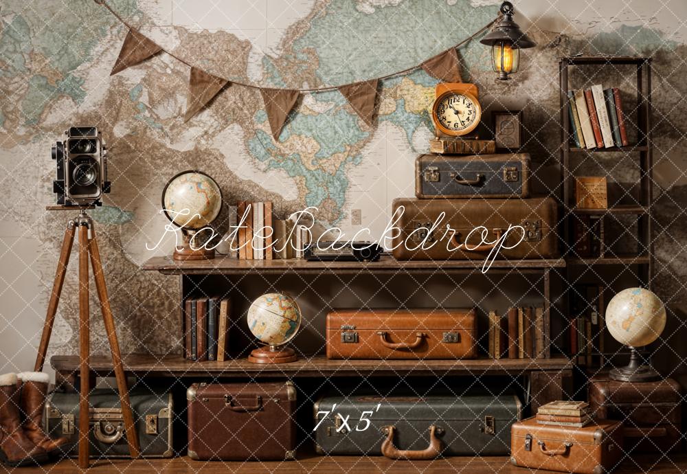 Kate World Map Suitcase Travel Retro Backdrop Designed by Emetselch