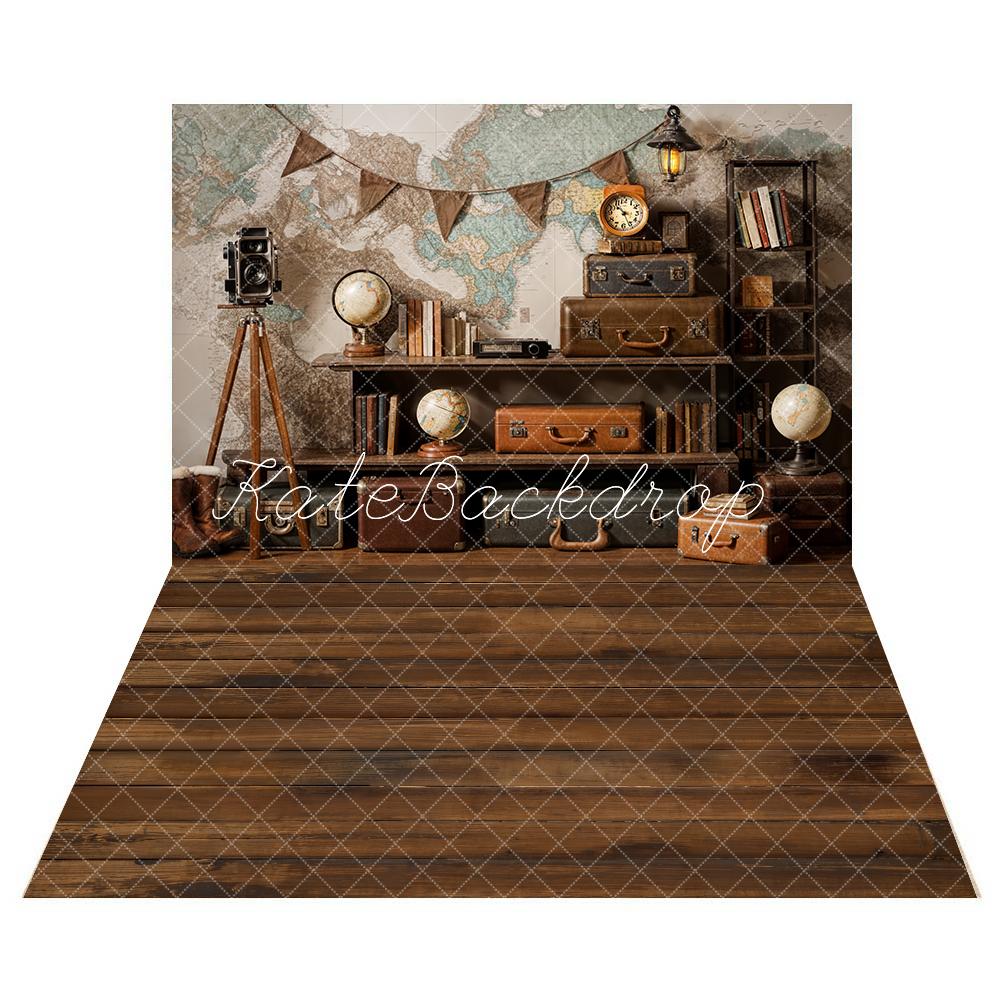 Kate Back to School Map Backdrop+Wood Texture Floor Backdrop