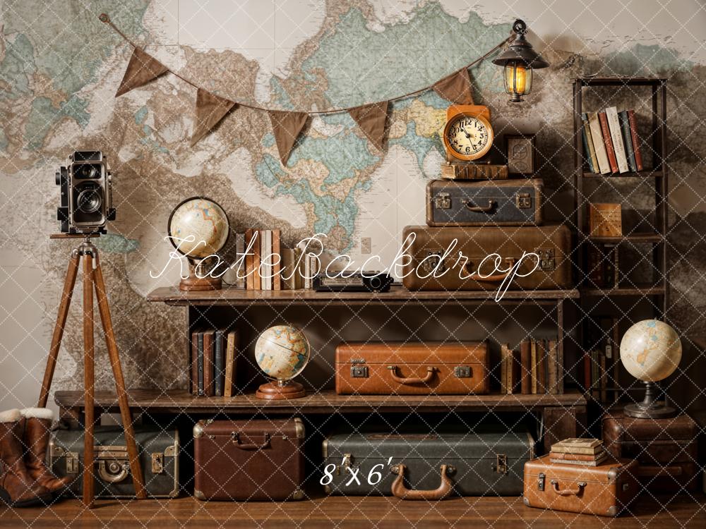 Kate World Map Suitcase Travel Retro Backdrop Designed by Emetselch