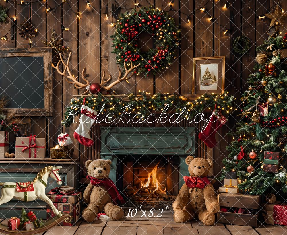 Kate Christmas Fireplace Bear Garland Backdrop Designed by Emetselch - Kate Backdrop AU