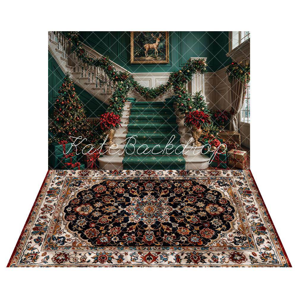 Kate Christmas Green Staircase Backdrop+Vintage Colorful Floral Floor Backdrop