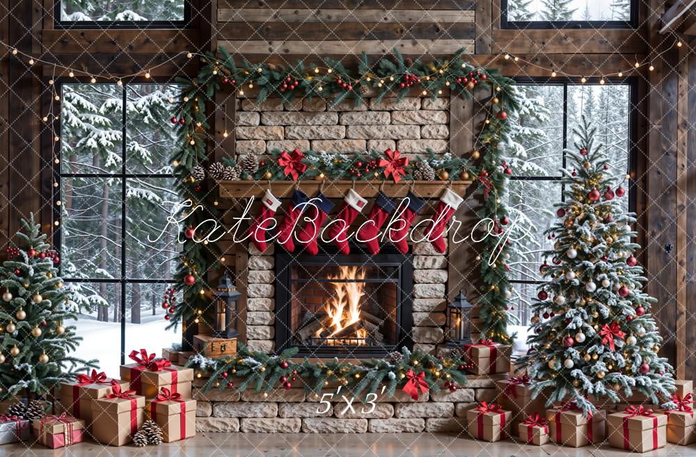 Kate Winter Christmas Brick Fireplace Window Backdrop Designed by Emetselch - Kate Backdrop AU
