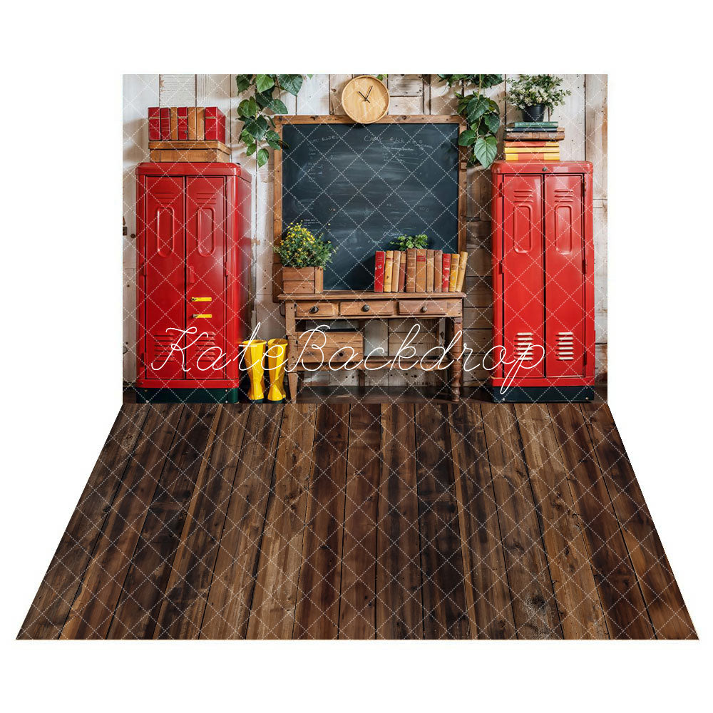 Kate Kate Back to School Red Locker Blackboard Backdrop+Dark Brown Old Wooden Floor Backdrop - Kate Backdrop AU