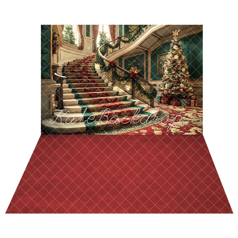 Kate Christmas Staircase Backdrop+Red Blanket Floor Backdrop - Kate Backdrop AU