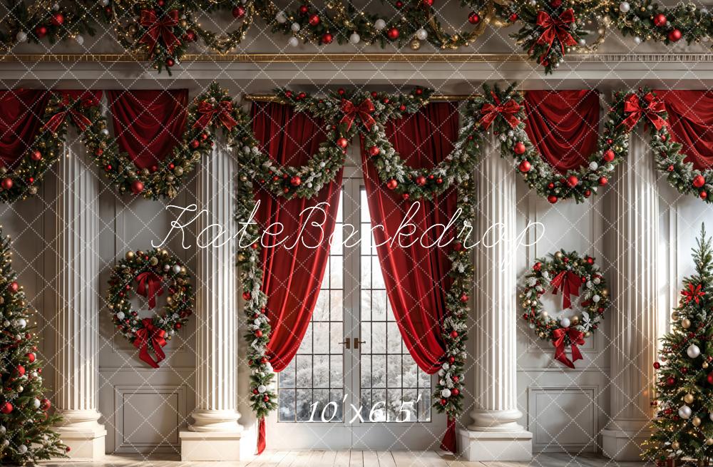 Kate Christmas Backdrop Wreath Interior Decoration Red Curtains Designed by Chain Photography - Kate Backdrop AU