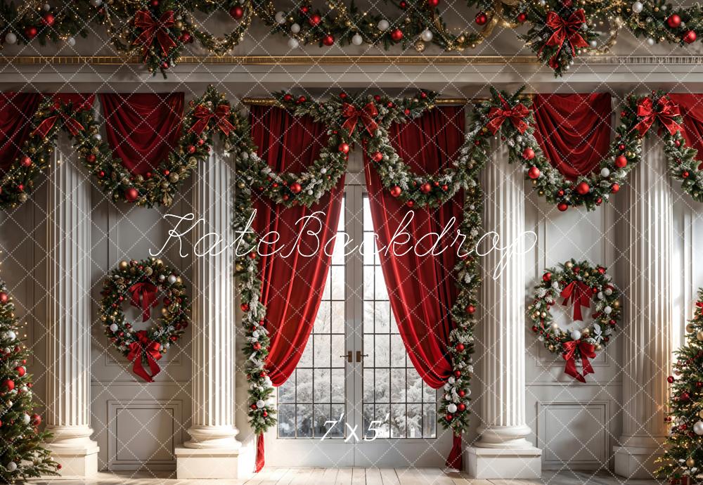 Kate Christmas Backdrop Wreath Interior Decoration Red Curtains Designed by Chain Photography - Kate Backdrop AU