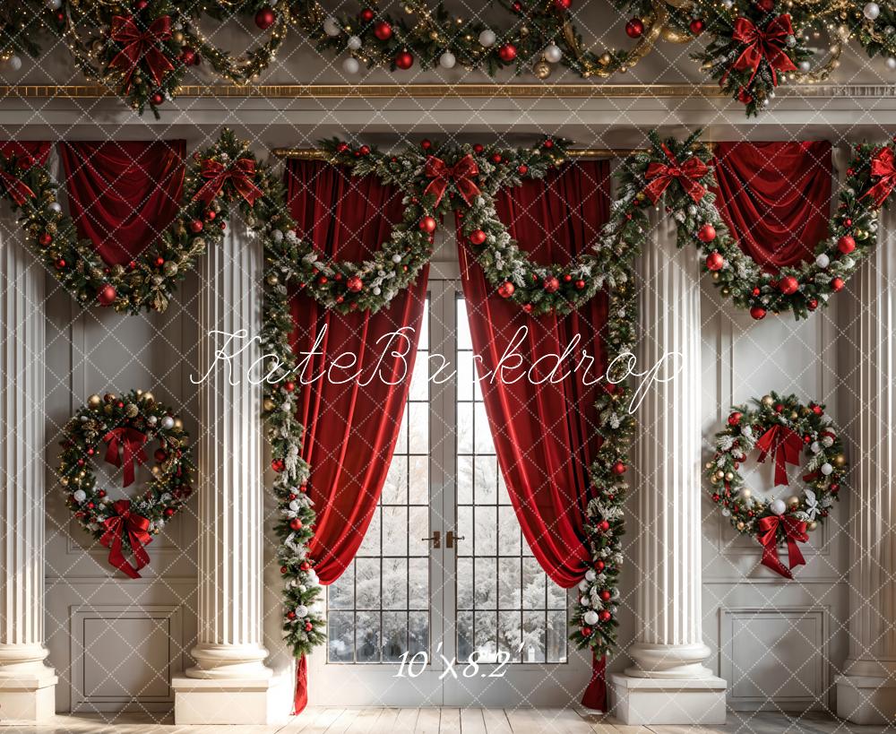 Kate Christmas Backdrop Wreath Interior Decoration Red Curtains Designed by Chain Photography - Kate Backdrop AU