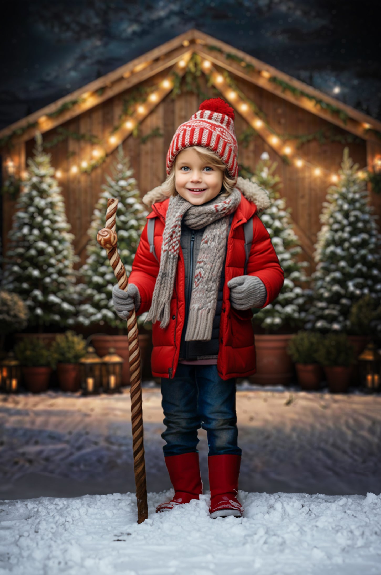 Kate Christmas Tree Wooden House Night Sky Backdrop Designed by Chain Photography - Kate Backdrop AU