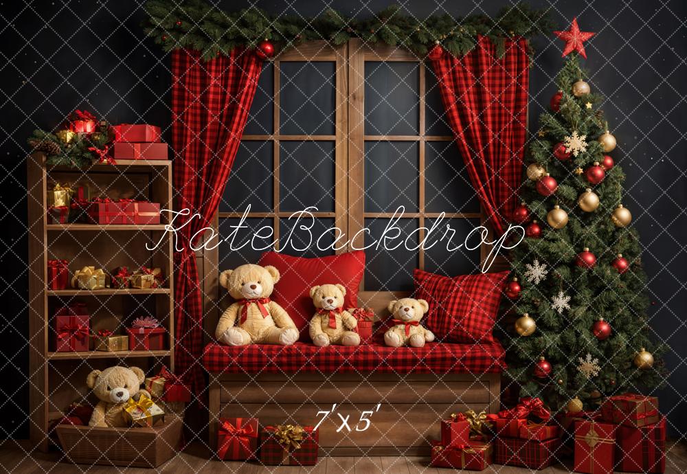 Kate Christmas Tree Backdrop Red Curtain Teddy Bear Designed by Emetselch - Kate Backdrop AU