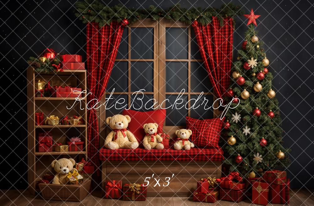 Kate Christmas Tree Backdrop Red Curtain Teddy Bear Designed by Emetselch - Kate Backdrop AU