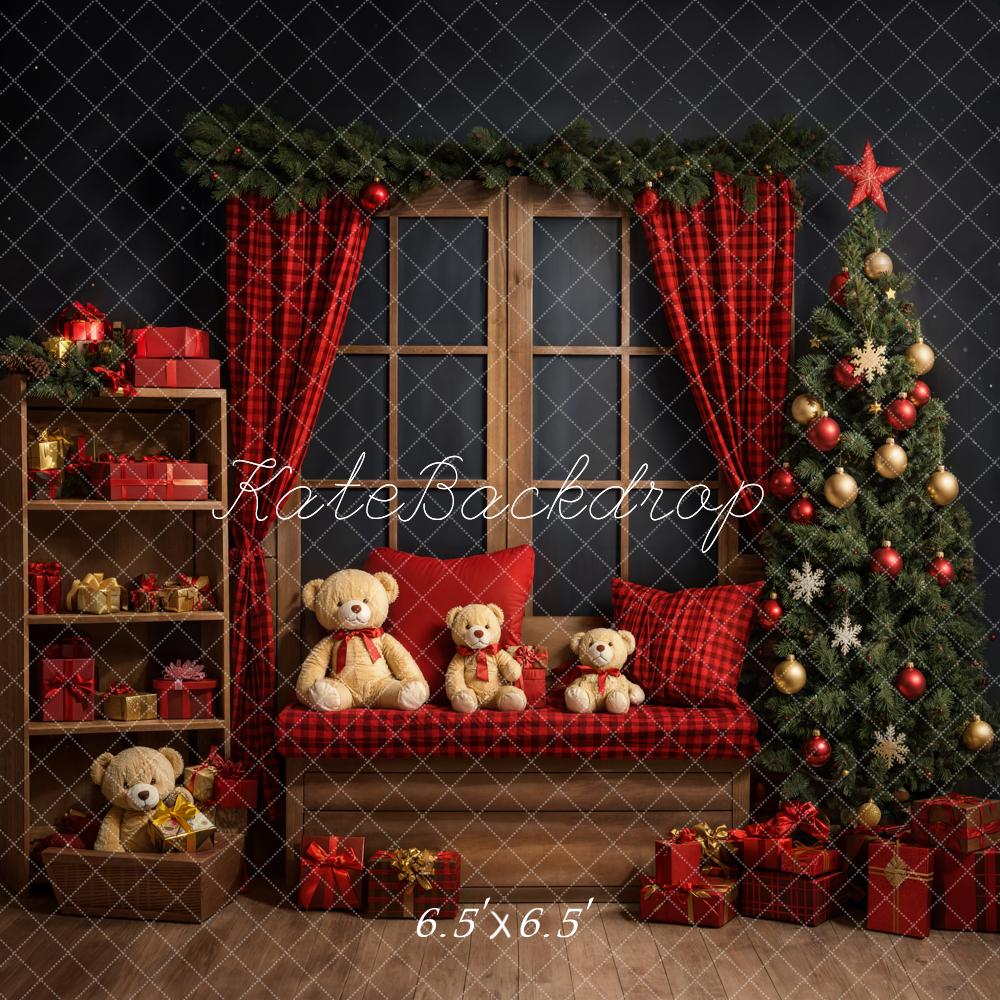 Kate Christmas Tree Backdrop Red Curtain Teddy Bear Designed by Emetselch - Kate Backdrop AU
