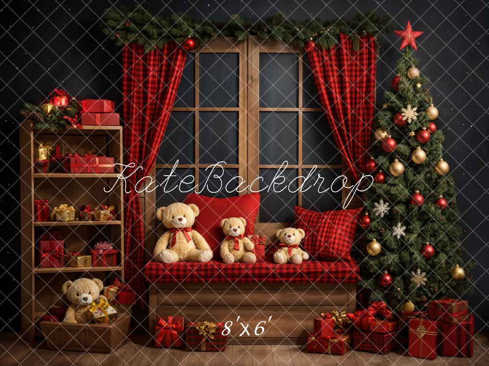 Kate Christmas Tree Backdrop Red Curtain Teddy Bear Designed by Emetselch - Kate Backdrop AU