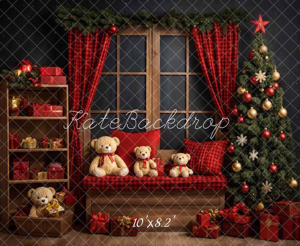 Kate Christmas Tree Backdrop Red Curtain Teddy Bear Designed by Emetselch - Kate Backdrop AU