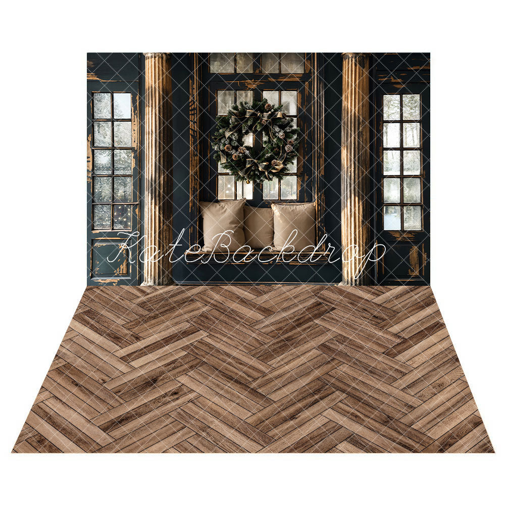 Kate Black Vintage Christmas Pillows Backdrop+Wood Grain Floor Backdrop - Kate Backdrop AU