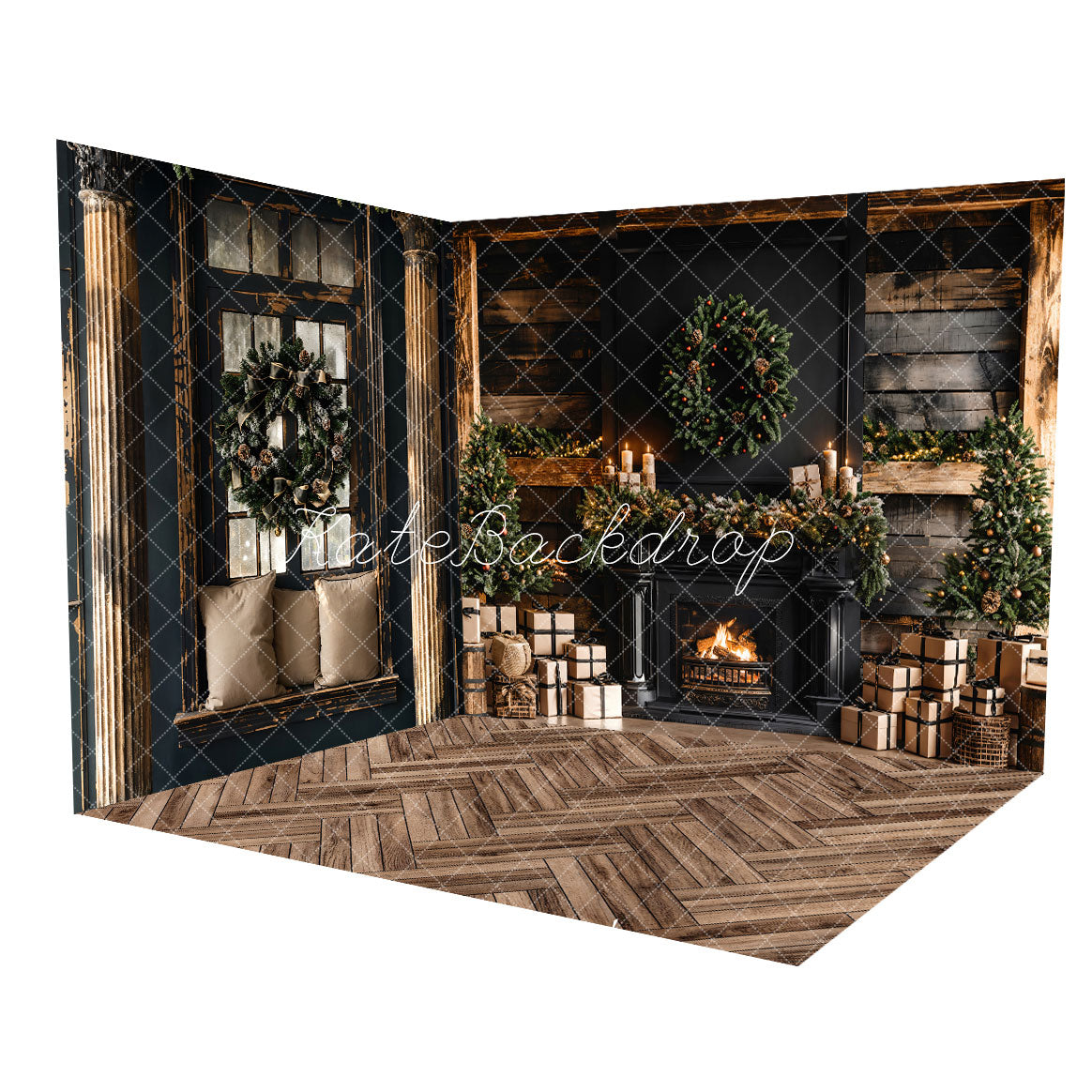 Kate Christmas Wreath Black Fireplace Room Set(8ftx8ft&10ftx8ft&8ftx10ft) - Kate Backdrop AU