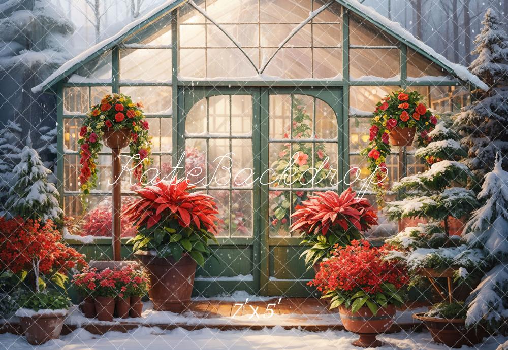 Kate Winter Snow Red Flower Greenhouse Backdrop Designed by GQ