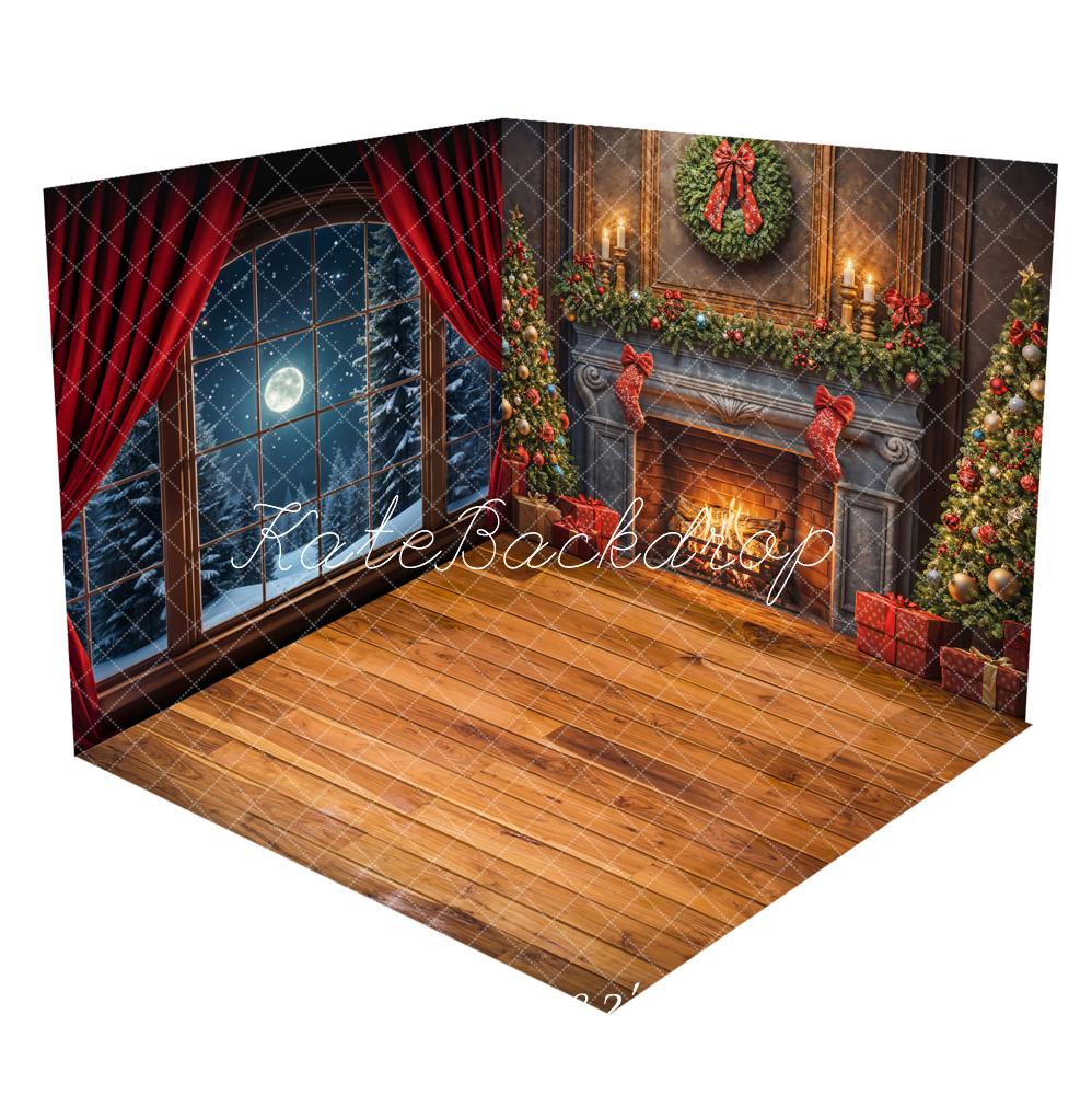 Kate Christmas Night Fireplace Window Room Set(8ftx8ft&10ftx8ft&8ftx10ft) - Kate Backdrop AU