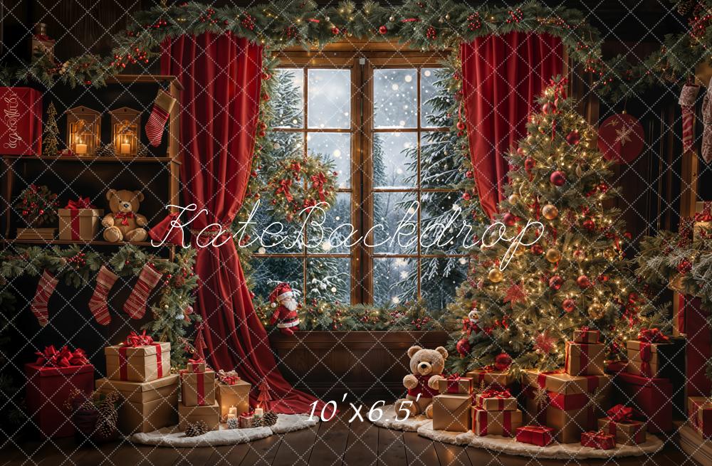 Kate Winter Christmas Red Curtain Window Backdrop Designed by Emetselch