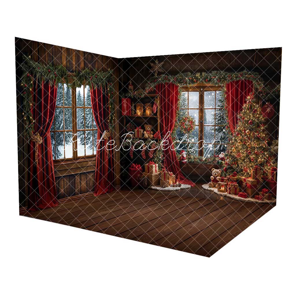 Kate Christmas Tree Red Curtains Wooden House Room Set(8ftx8ft&10ftx8ft&8ftx10ft) - Kate Backdrop AU