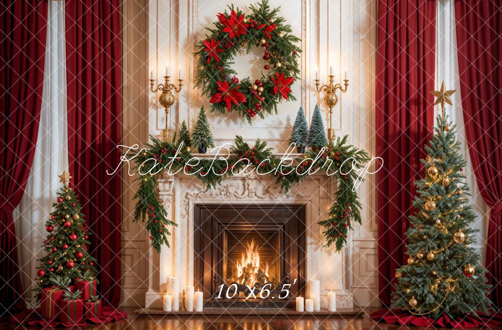Kate Christmas Red Curtain White Fireplace Backdrop Designed by Emetselch - Kate Backdrop AU