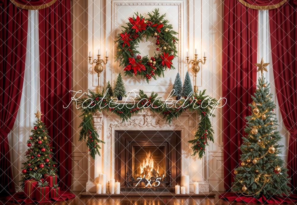 Kate Christmas Red Curtain White Fireplace Backdrop Designed by Emetselch - Kate Backdrop AU