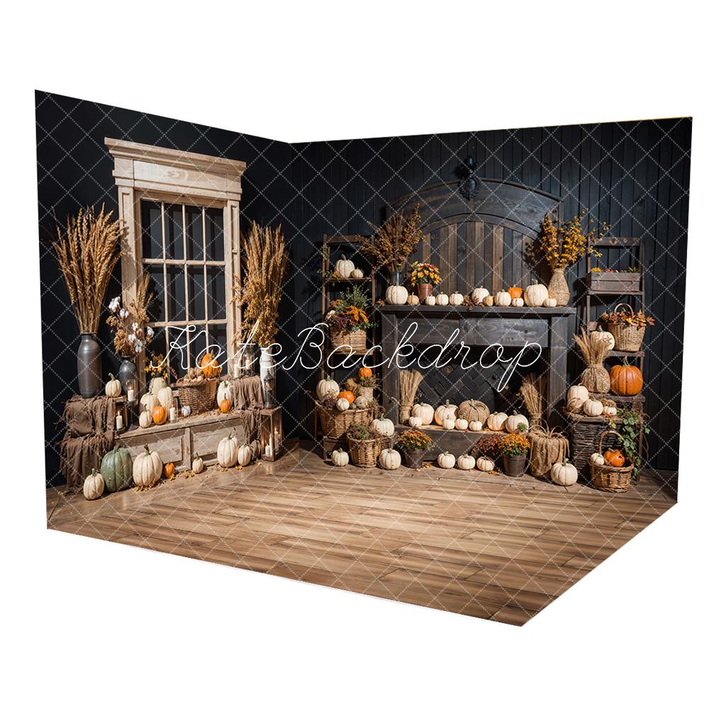 Kate Autumn Pumpkins Wheat Ears Black Wooden Wall Room Set(8ftx8ft&10ftx8ft&8ftx10ft) - Kate Backdrop AU