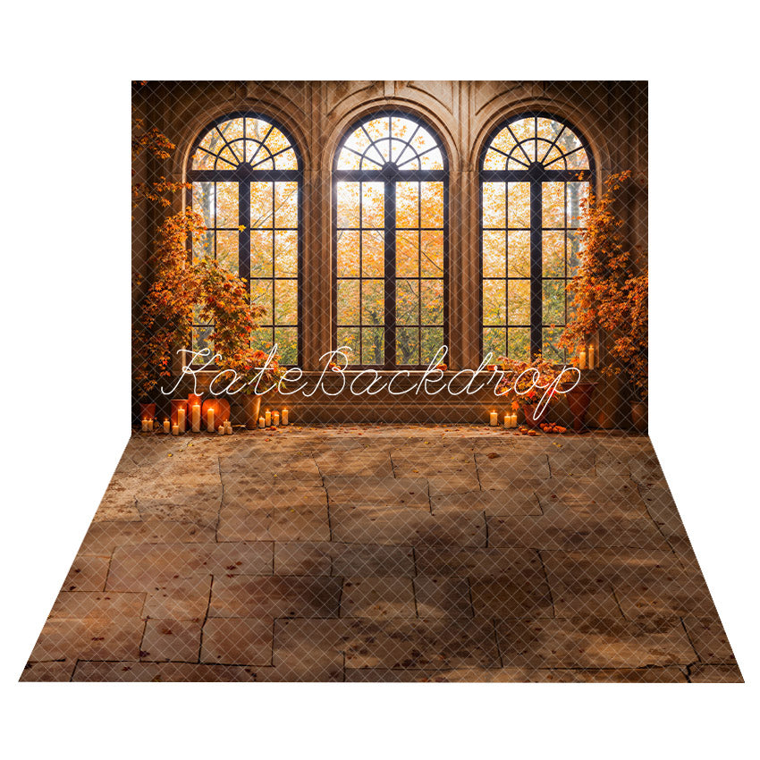 Kate Arched Windows Autumn Backdrop+Stone Lattice Floor Backdrop - Kate Backdrop AU
