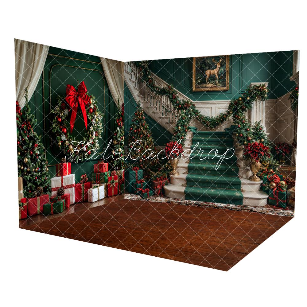 Kate Christmas Retro Green Staircase Room Set(8ftx8ft&10ftx8ft&8ftx10ft) - Kate Backdrop AU