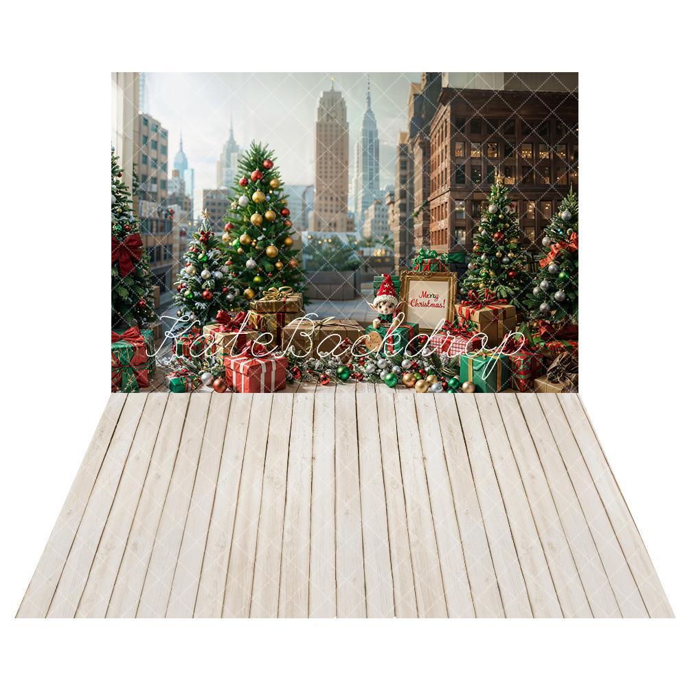 Kate Outdoor Christmas City Backdrop+Light Wood Grain Floor Backdrop - Kate Backdrop AU