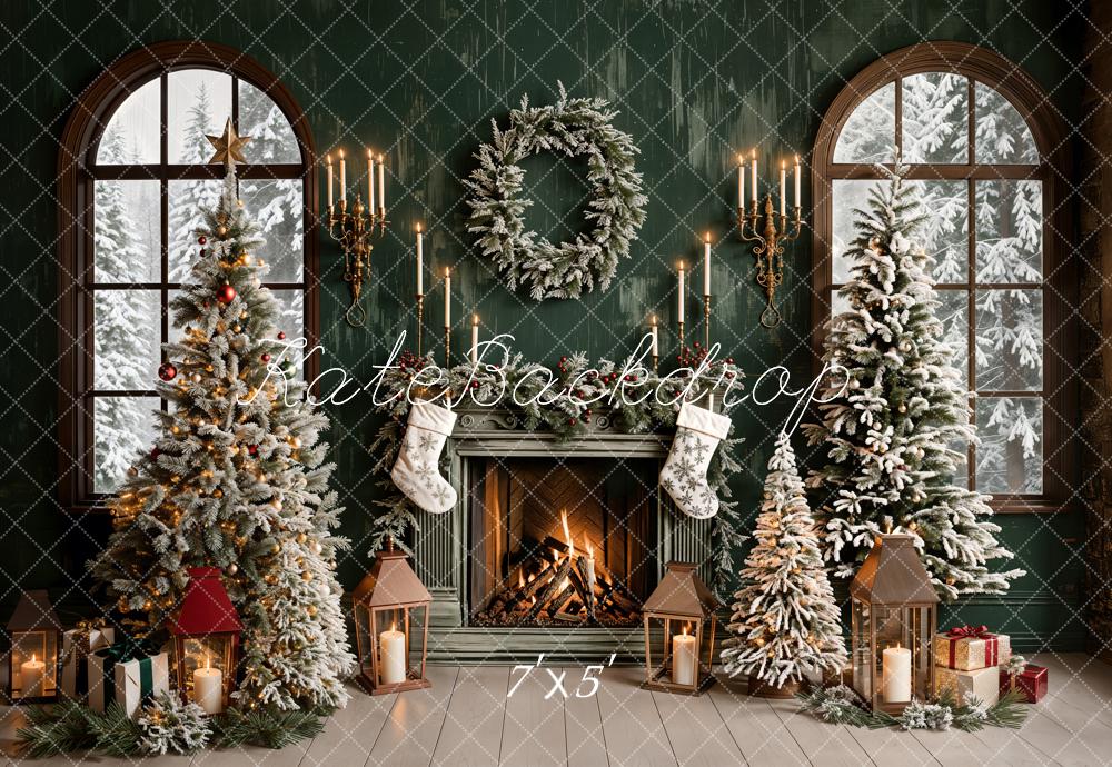 Kate Christmas Backdrop Green Fireplace Window Designed by Emetselch - Kate Backdrop AU