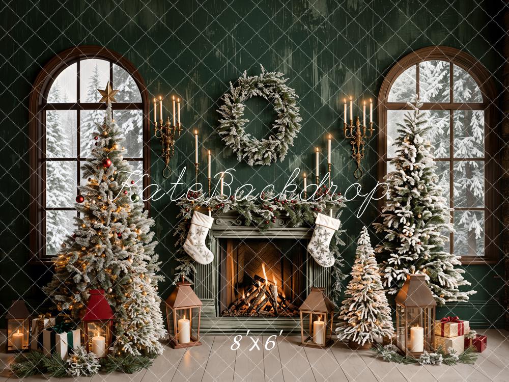 Kate Christmas Backdrop Green Fireplace Window Designed by Emetselch - Kate Backdrop AU