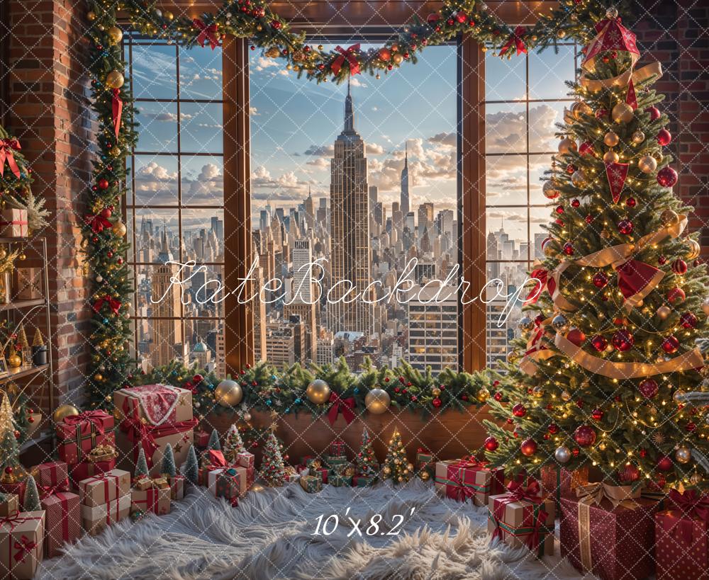 Kate Christmas Tree Window City View Backdrop Designed by Emetselch - Kate Backdrop AU