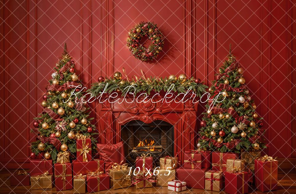 Kate Christmas Fireplace Red Wall Backdrop Designed by Emetselch - Kate Backdrop AU