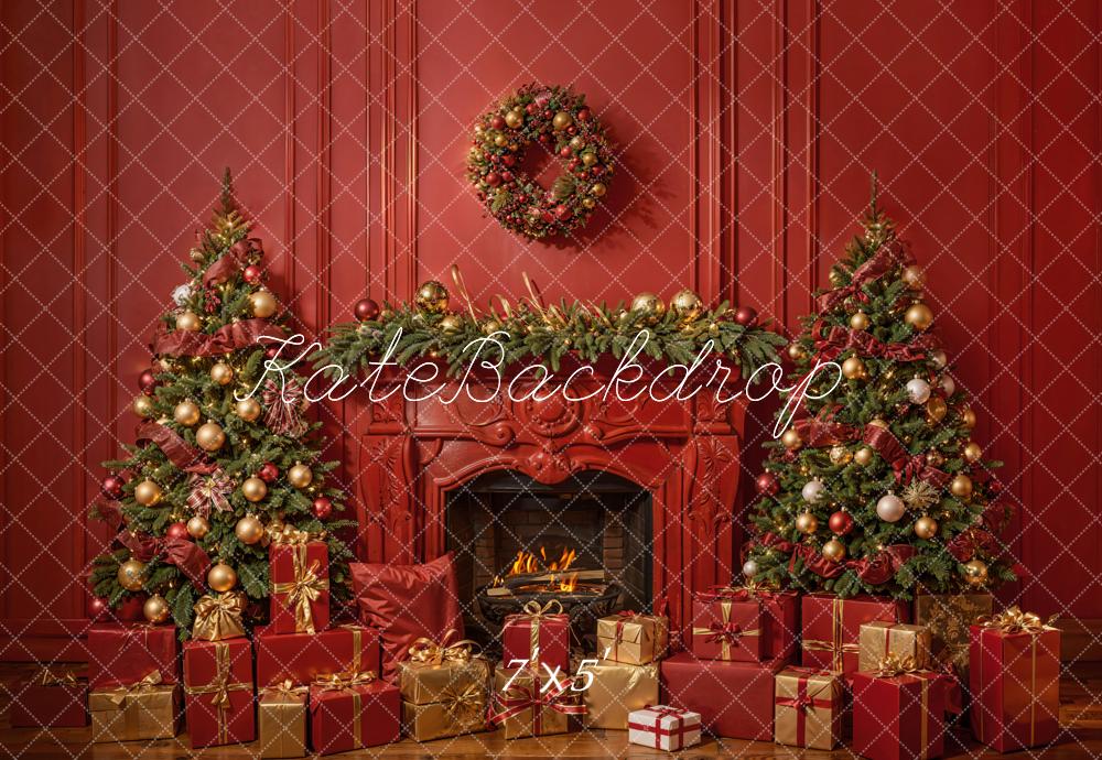Kate Christmas Fireplace Red Wall Backdrop Designed by Emetselch - Kate Backdrop AU