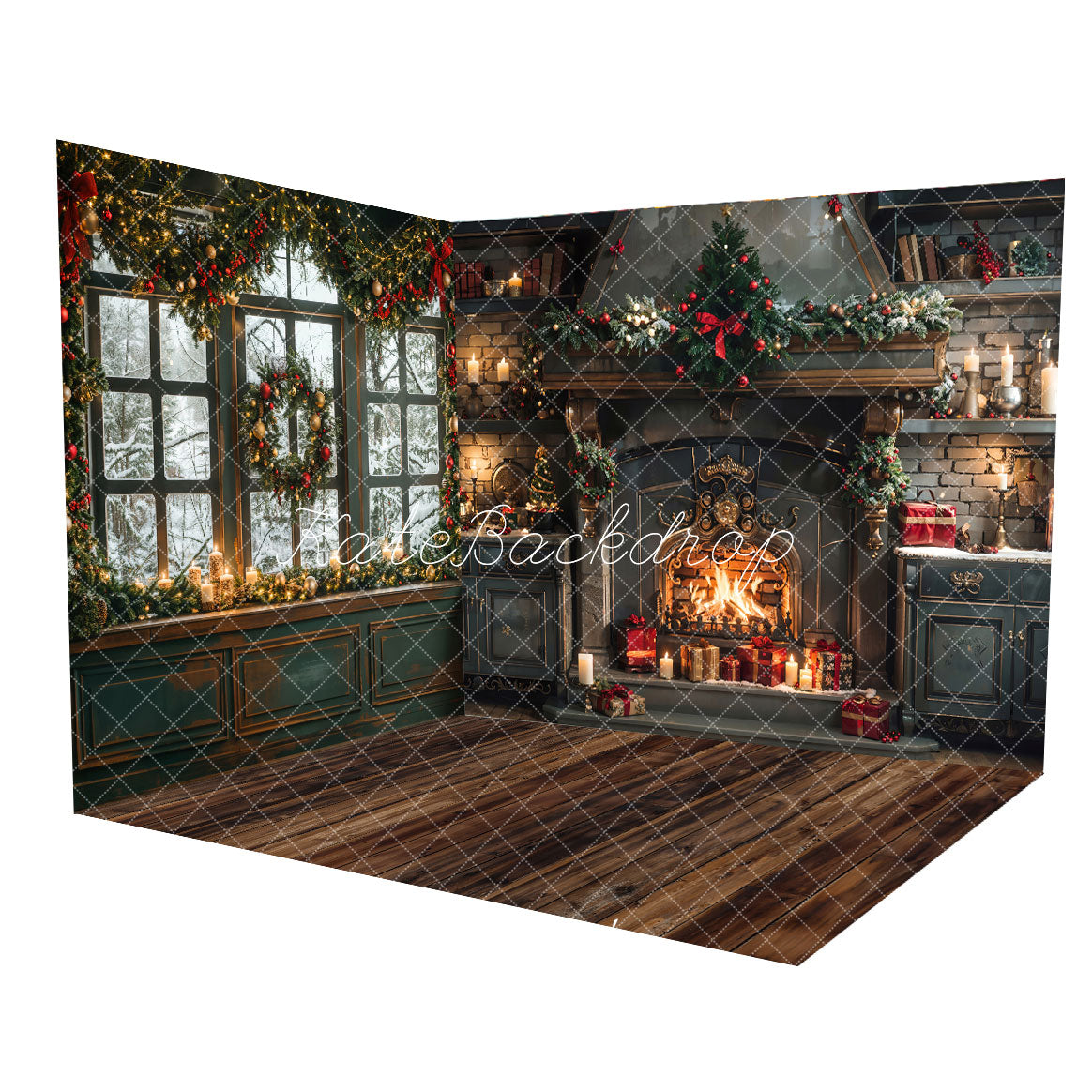 Kate Christmas Fireplace Window Candle Flame Snow Winter Room Set(8ftx8ft&10ftx8ft&8ftx10ft) - Kate Backdrop AU