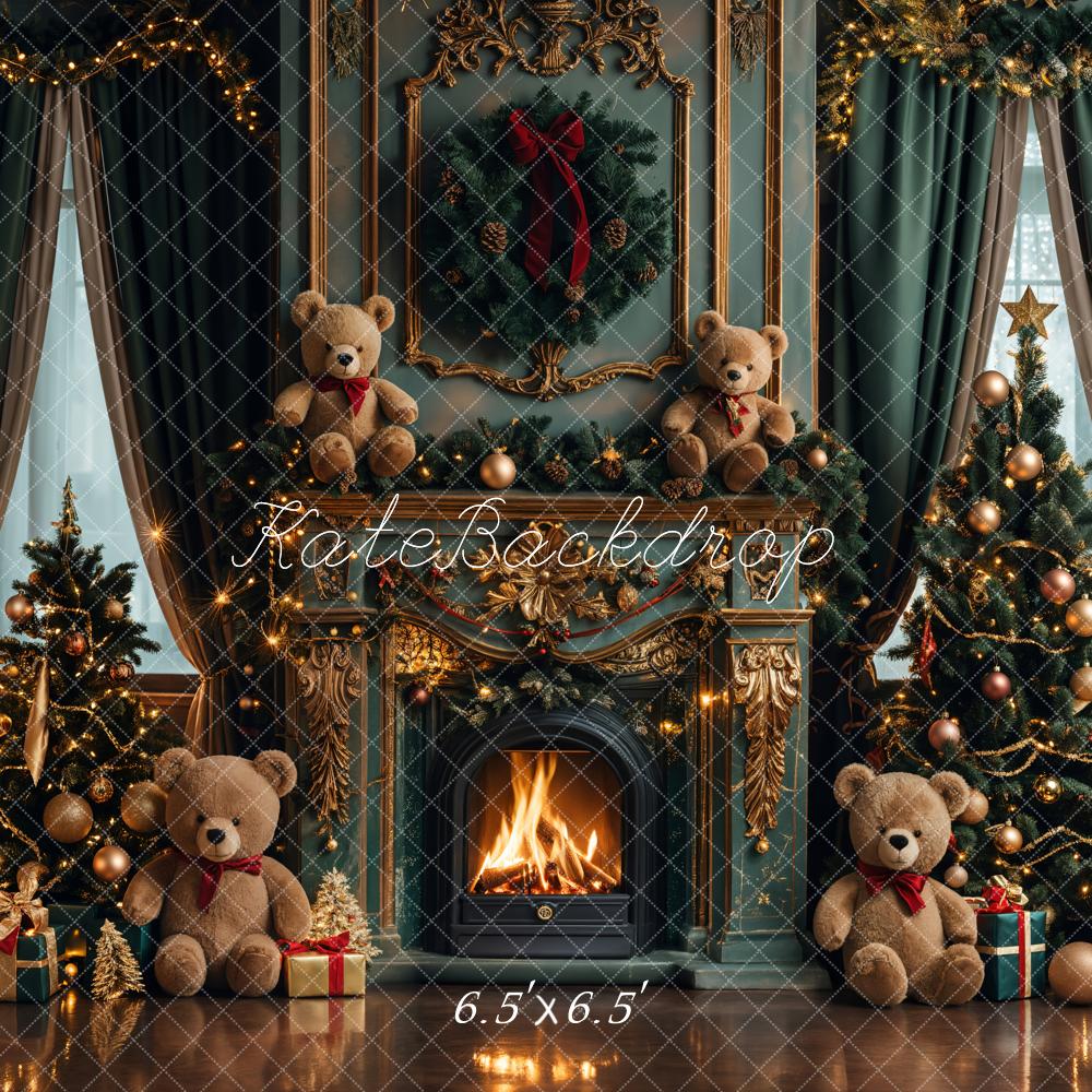 Kate Christmas Green Fireplace Teddy Bear Backdrop Designed by Emetselch - Kate Backdrop AU