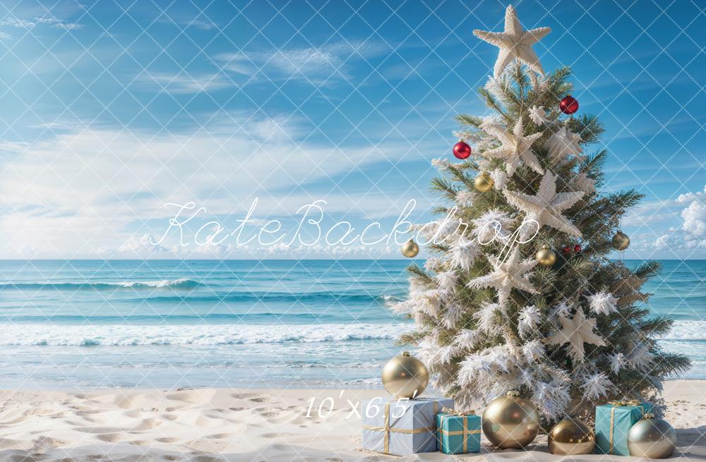 Kate Blue Sea Beach Christmas Tree Backdrop Designed by Emetselch - Kate Backdrop AU