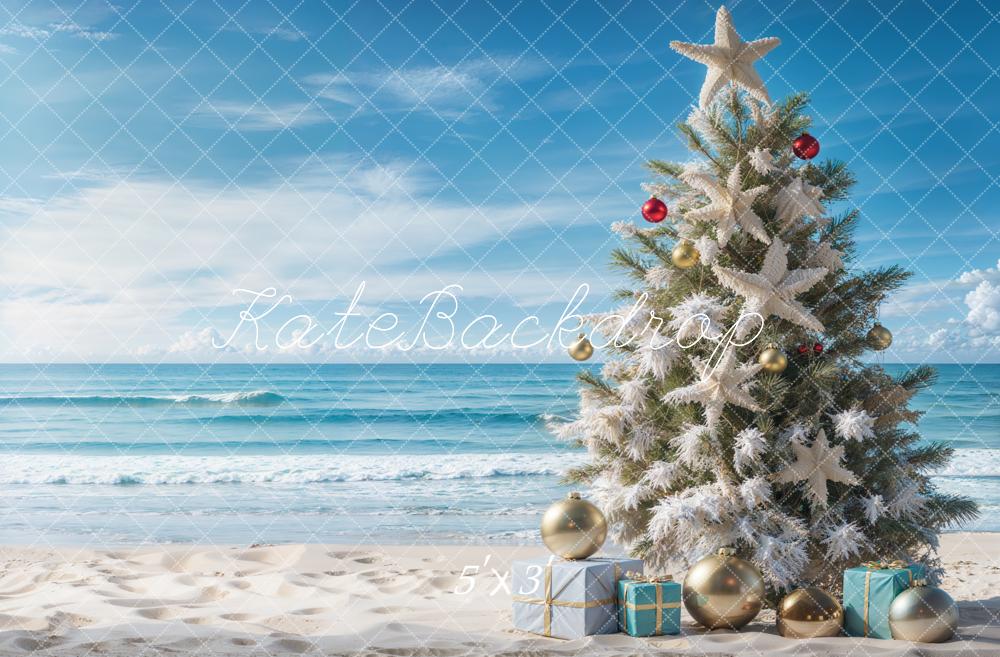 Kate Blue Sea Beach Christmas Tree Backdrop Designed by Emetselch - Kate Backdrop AU