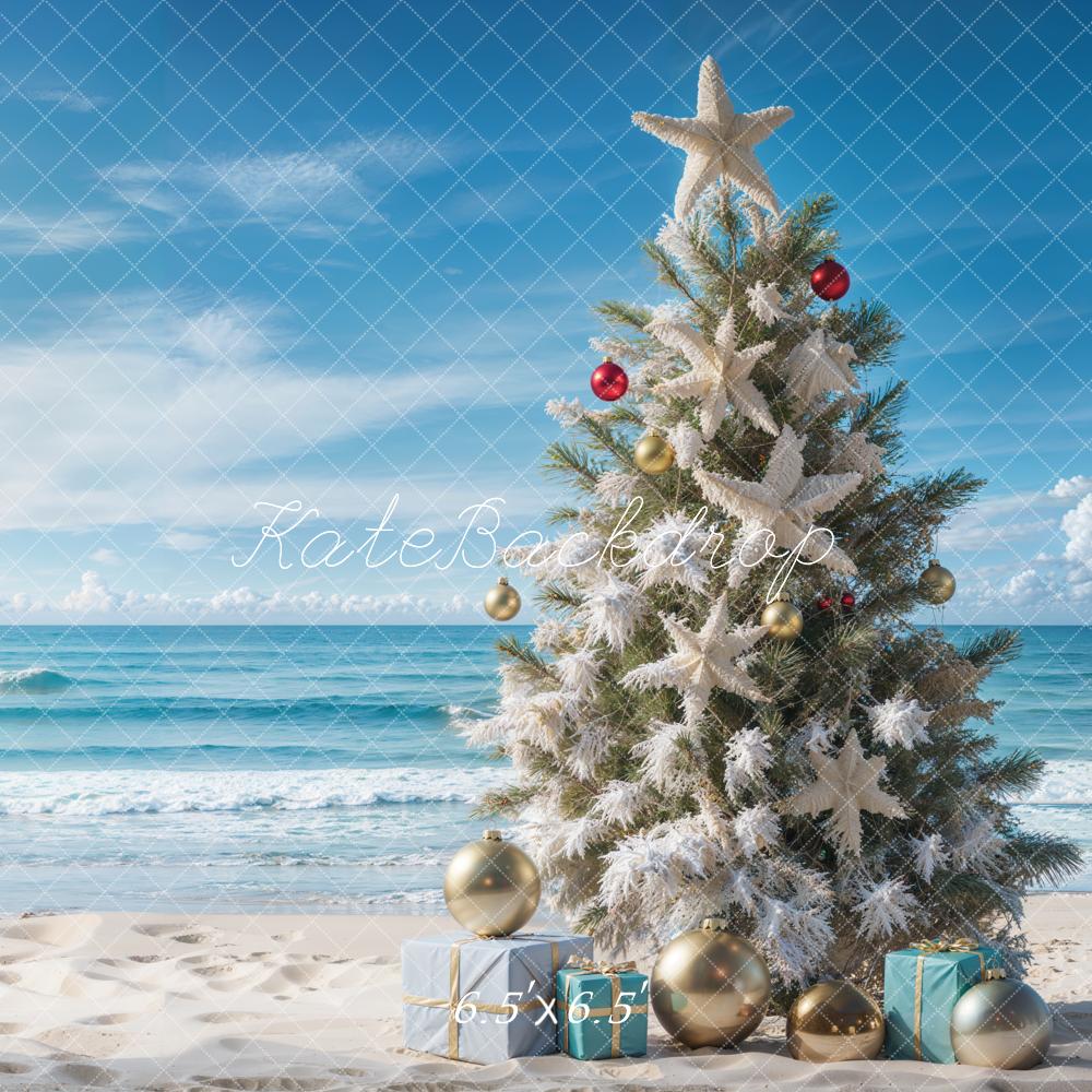 Kate Blue Sea Beach Christmas Tree Backdrop Designed by Emetselch - Kate Backdrop AU