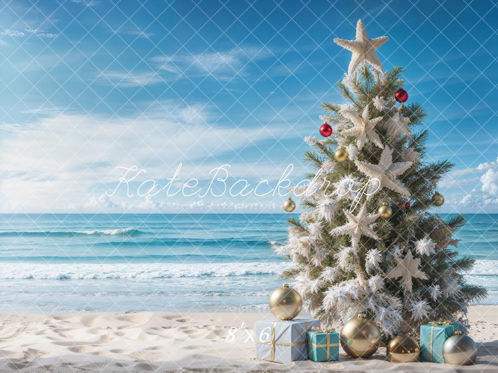 Kate Blue Sea Beach Christmas Tree Backdrop Designed by Emetselch - Kate Backdrop AU