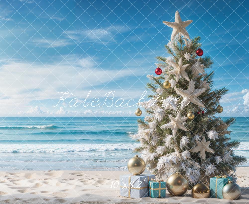 Kate Blue Sea Beach Christmas Tree Backdrop Designed by Emetselch - Kate Backdrop AU