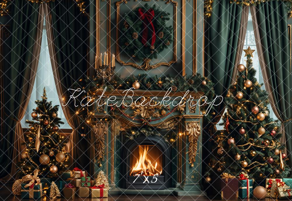 Kate Christmas Green Retro Fireplace Backdrop Designed by Emetselch - Kate Backdrop AU