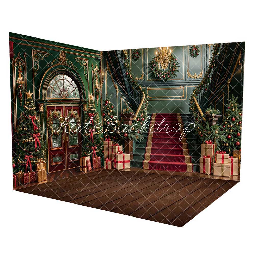 Kate Christmas retro green grand staircase Room Set(8ftx8ft&10ftx8ft&8ftx10ft) - Kate Backdrop AU