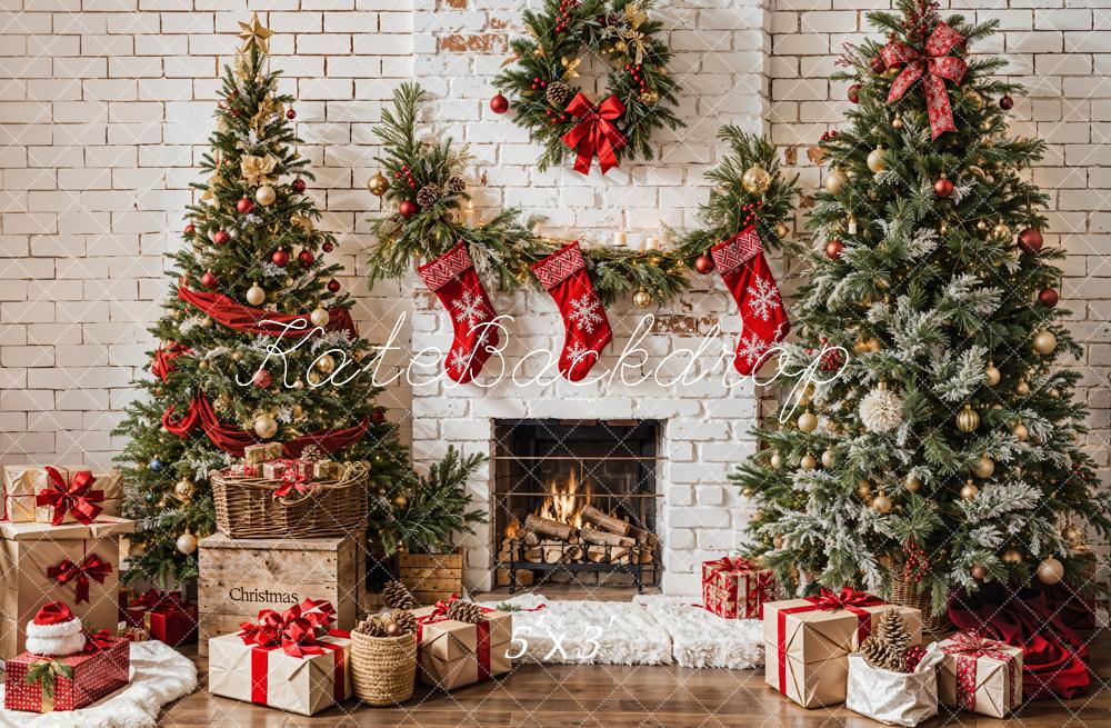 Kate Christmas Tree White Fireplace Backdrop Designed by Emetselch - Kate Backdrop AU