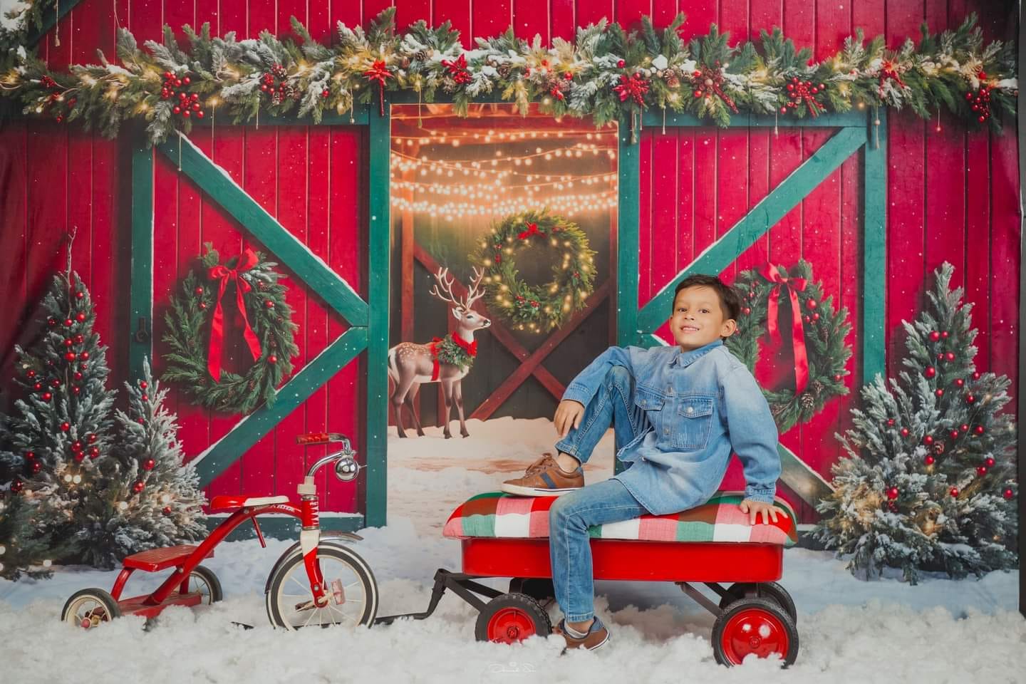 Kate Christmas Red House Elk Snow Backdrop Designed by Emetselch - Kate Backdrop AU