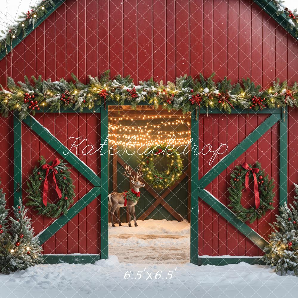 Kate Christmas Red House Elk Snow Backdrop Designed by Emetselch - Kate Backdrop AU
