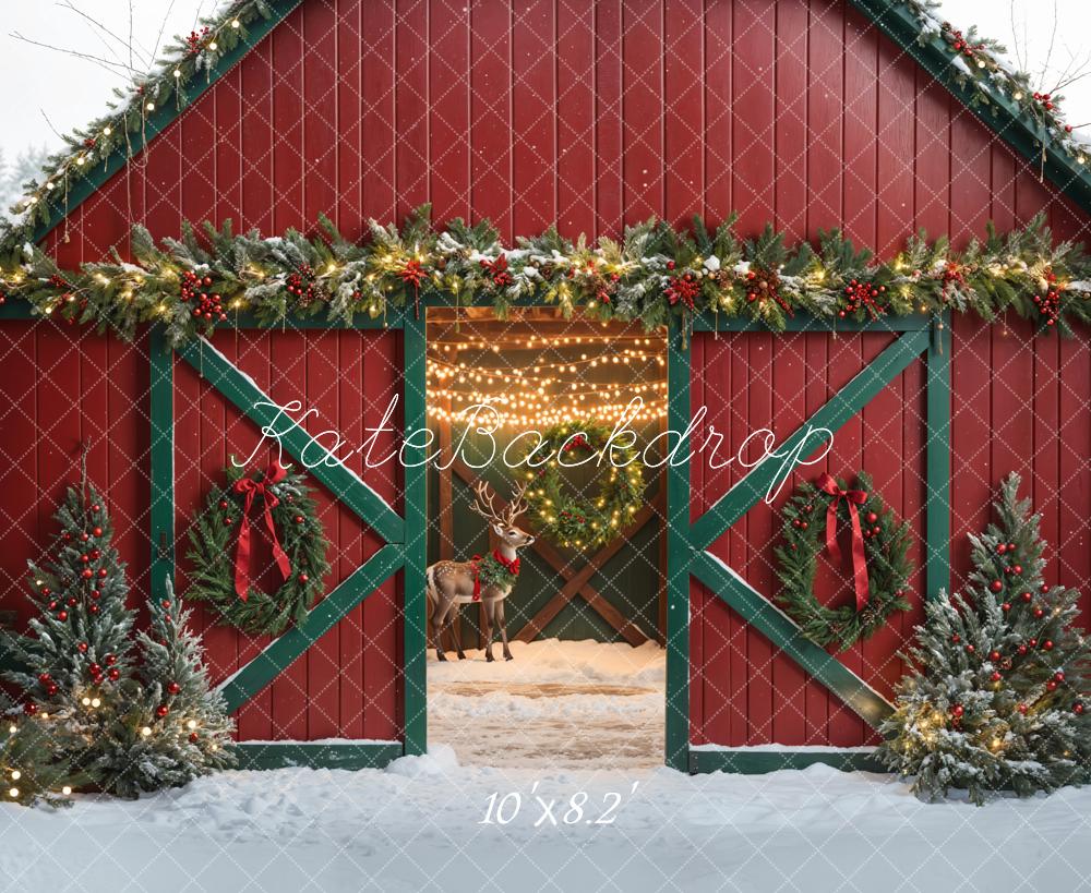 Kate Christmas Red House Elk Snow Backdrop Designed by Emetselch - Kate Backdrop AU
