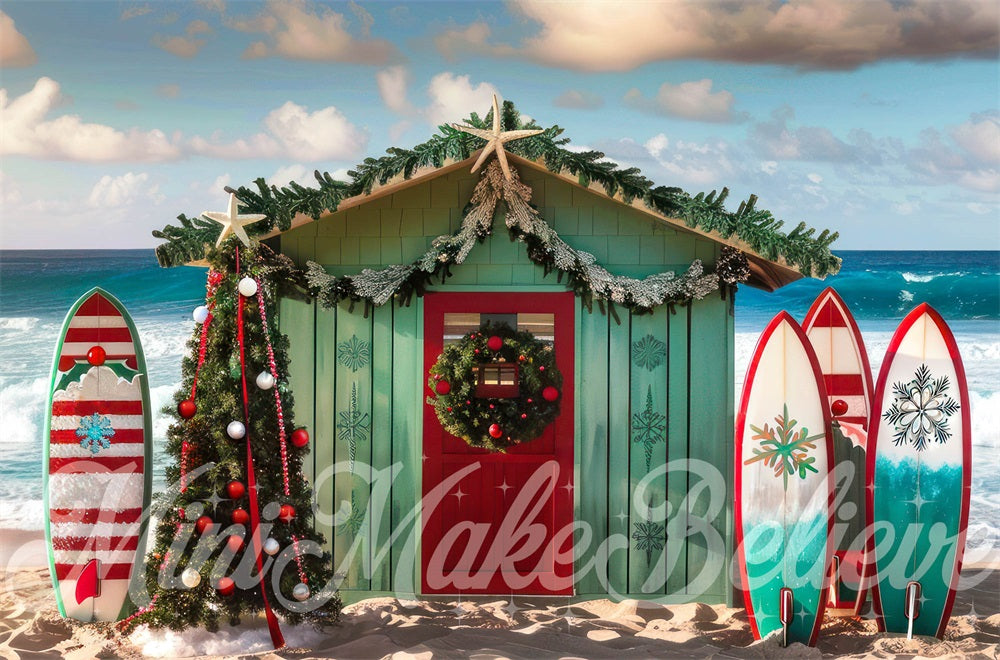 Kate Christmas Sea Beach Surfboard Hut Backdrop Designed by Mini MakeBelieve