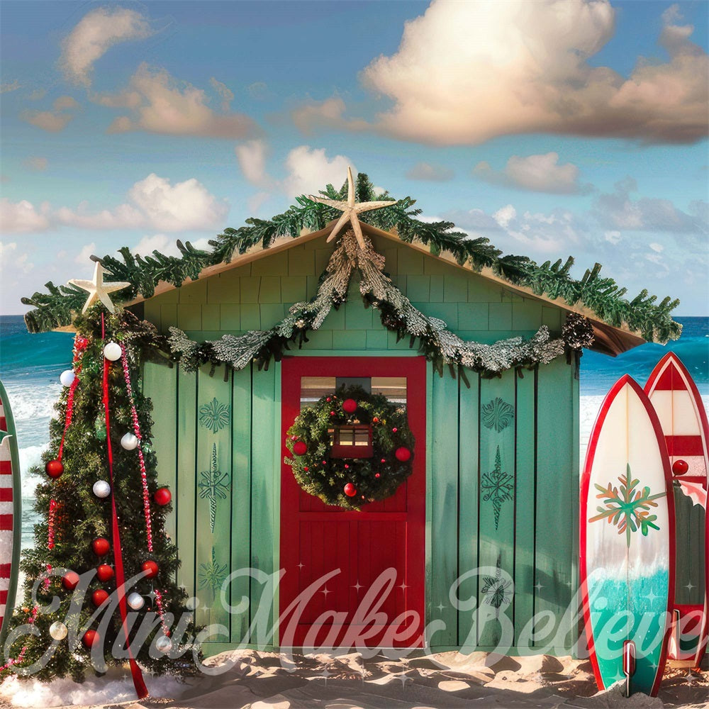 Kate Christmas Sea Beach Surfboard Hut Backdrop Designed by Mini MakeBelieve