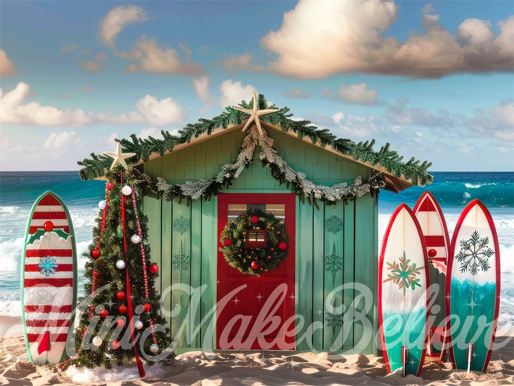 Kate Christmas Sea Beach Surfboard Hut Backdrop Designed by Mini MakeBelieve